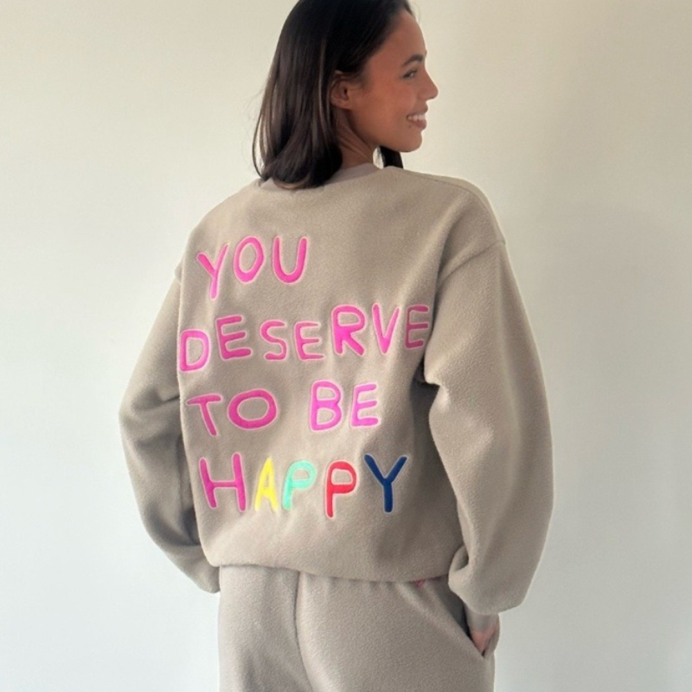 The Mayfair Group You Deserve To‎ Be Happy Fleece Sweatshirt Tan XS Oversized
